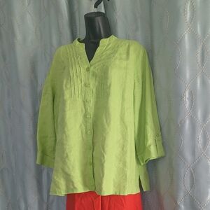 172. Kim Rodgers Linen Lime Green Button-Up Women's Top - Large